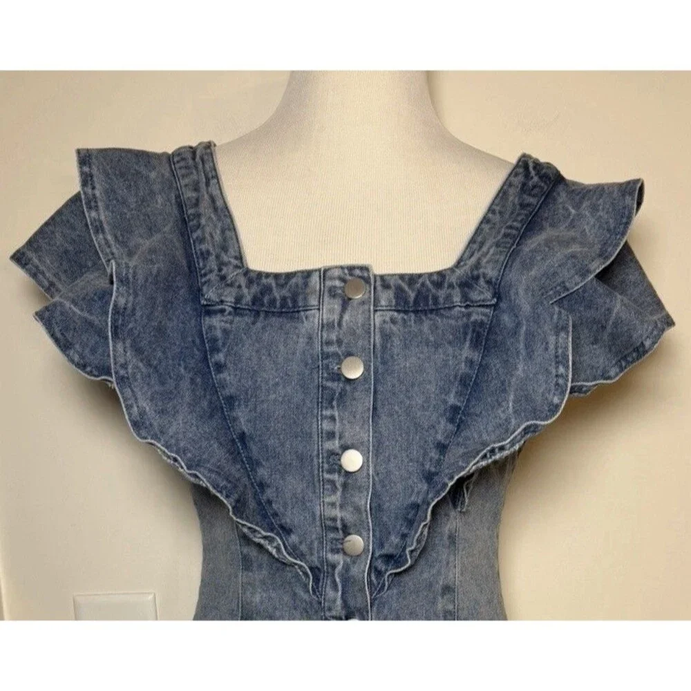 Avec Les Filles Women's Blue Denim Snap-Front Ruffle Western Dress Size Medium